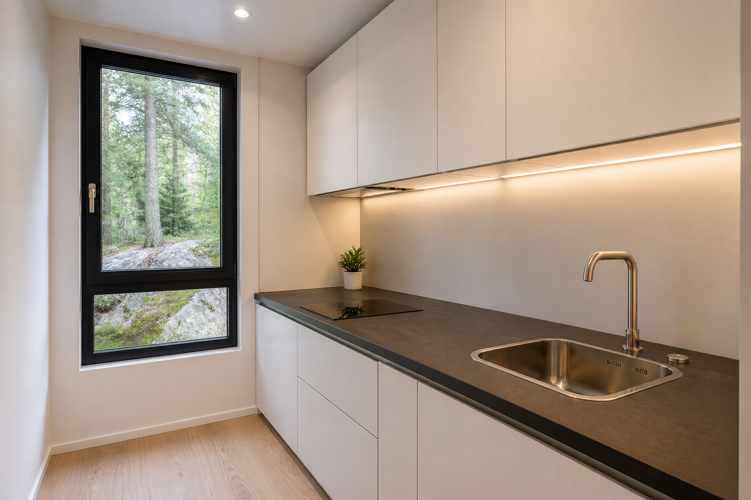 Interior Apple Cabin — cozinha moderna com armários brancos e bancada escura
