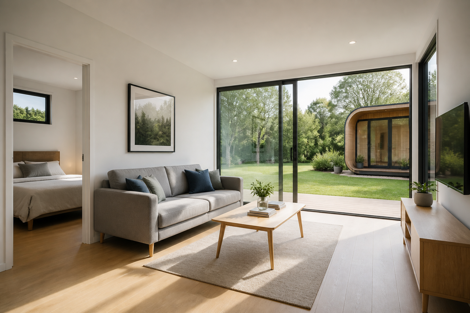 Interior Apple Cabin — sala de estar com sofá e porta de vidro para o jardim