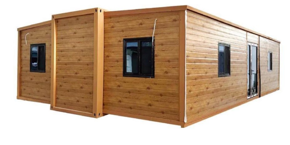 Contentor expansível 40 pés — acabamento madeira, vista exterior