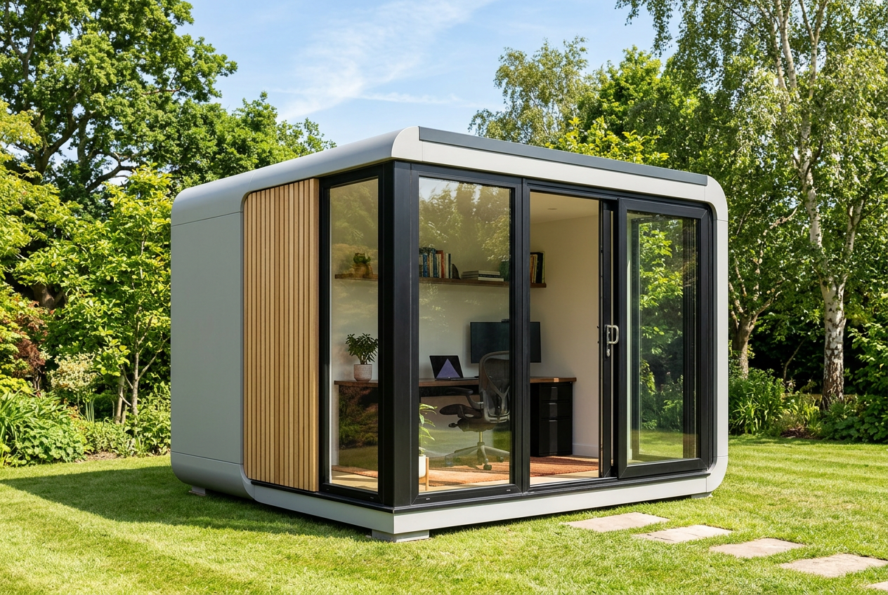 Módulo de escritório modular com paredes de vidro num jardim